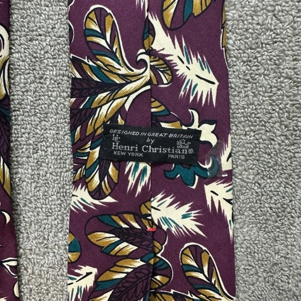 Henri Christian Mens Silk Tie Purple Feather Botanical Scroll Great Britain 59